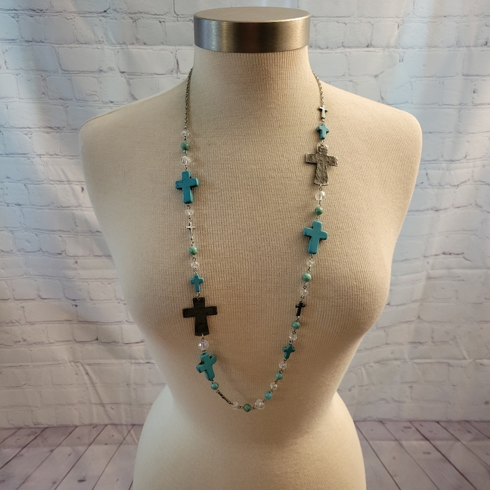 Long Cross Necklace 36" long Silvertone Tuquoise